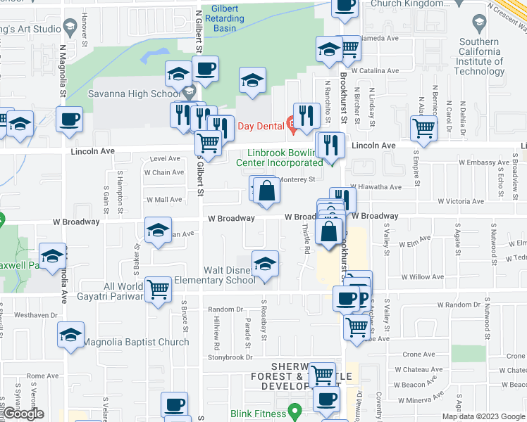 map of restaurants, bars, coffee shops, grocery stores, and more near 2323 West Broadway in Anaheim