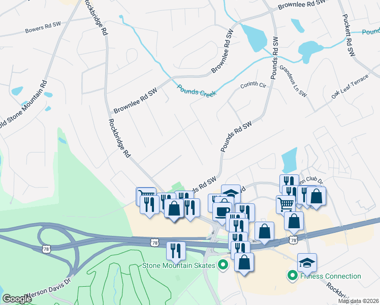 map of restaurants, bars, coffee shops, grocery stores, and more near 1714 Rhonda Lane Southwest in Stone Mountain
