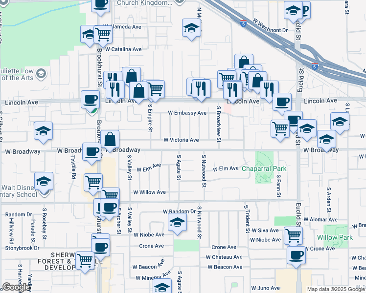 map of restaurants, bars, coffee shops, grocery stores, and more near 1930 West Victoria Avenue in Anaheim