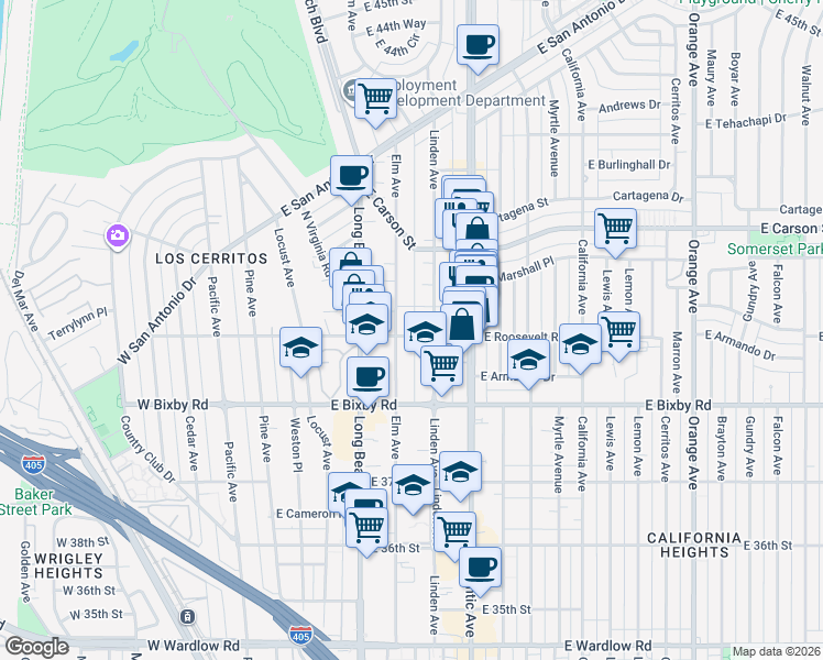 map of restaurants, bars, coffee shops, grocery stores, and more near 3910 Elm Avenue in Long Beach