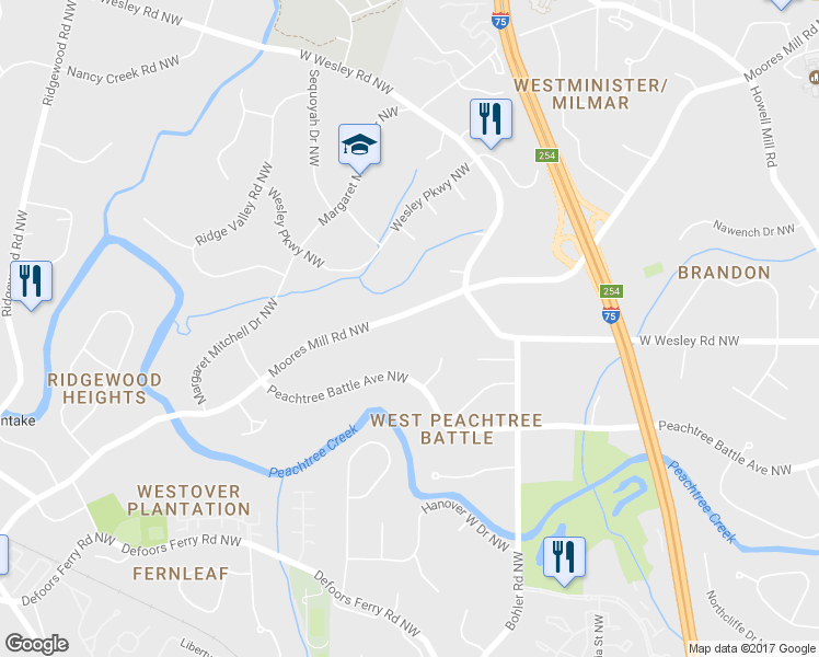 map of restaurants, bars, coffee shops, grocery stores, and more near 1410 Moores Mill Road Northwest in Atlanta