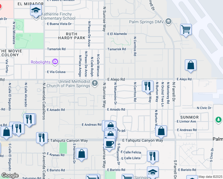 map of restaurants, bars, coffee shops, grocery stores, and more near 400 North Sunrise Way in Palm Springs