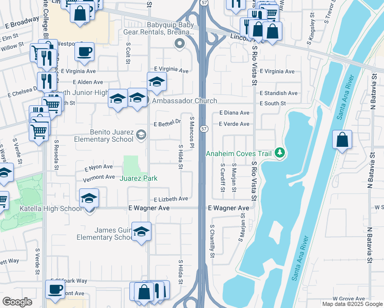 map of restaurants, bars, coffee shops, grocery stores, and more near 2634 East Hilda Place in Anaheim