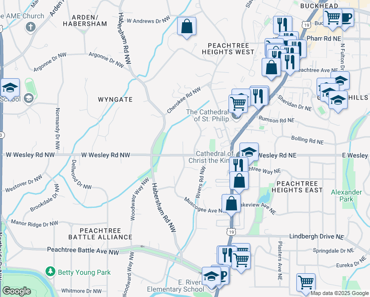 map of restaurants, bars, coffee shops, grocery stores, and more near 125 West Wesley Road Northwest in Atlanta