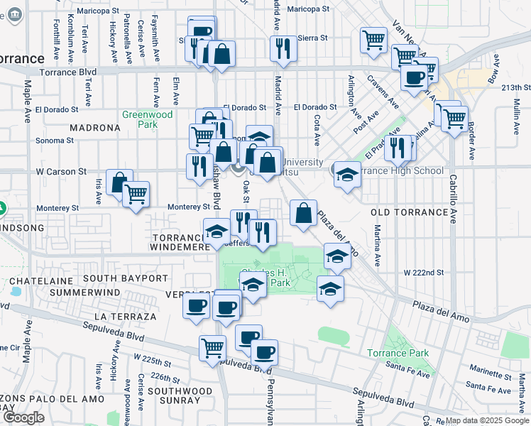 map of restaurants, bars, coffee shops, grocery stores, and more near 1800 Oak Street in Torrance