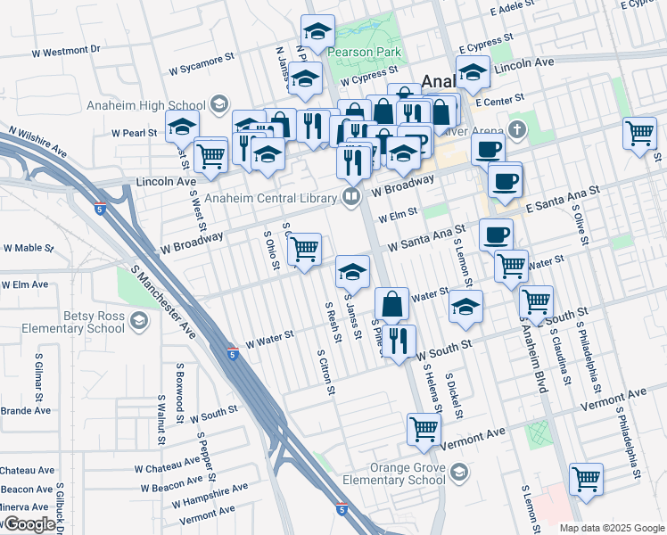 map of restaurants, bars, coffee shops, grocery stores, and more near 612 West Santa Ana Street in Anaheim