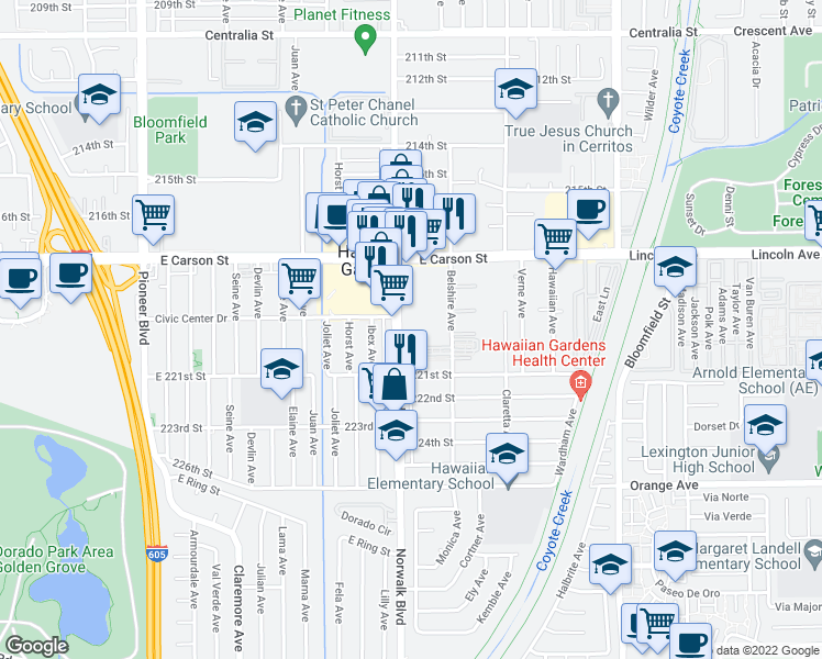 map of restaurants, bars, coffee shops, grocery stores, and more near 21900 Norwalk Boulevard in Hawaiian Gardens