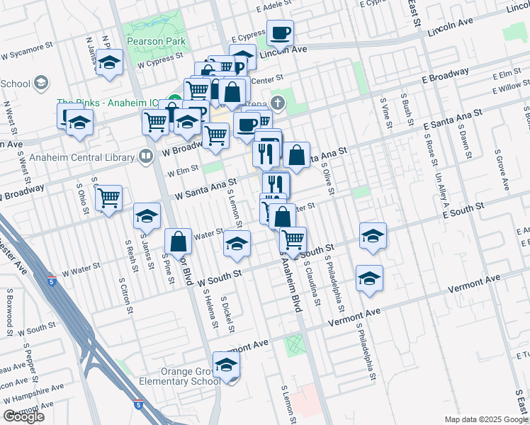 map of restaurants, bars, coffee shops, grocery stores, and more near 548 South Anaheim Boulevard in Anaheim
