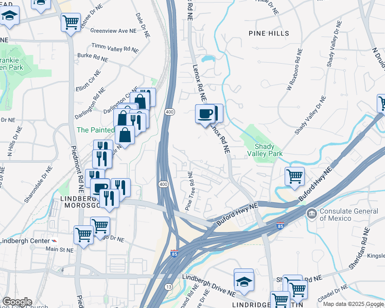 map of restaurants, bars, coffee shops, grocery stores, and more near 4317 Pine Heights Drive Northeast in Atlanta