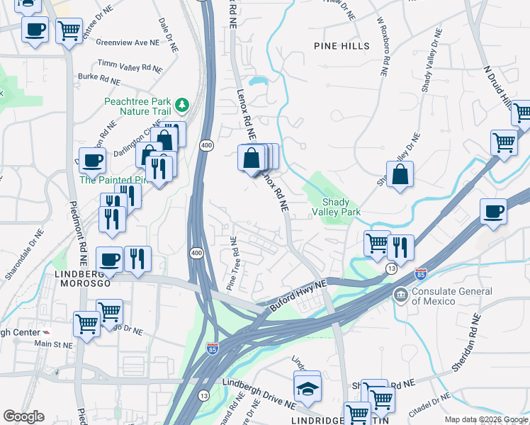 map of restaurants, bars, coffee shops, grocery stores, and more near 2760 Lenox Road Northeast in Atlanta
