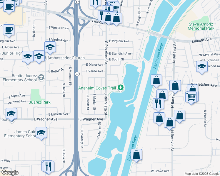 map of restaurants, bars, coffee shops, grocery stores, and more near 2810 East Burntwood Avenue in Anaheim