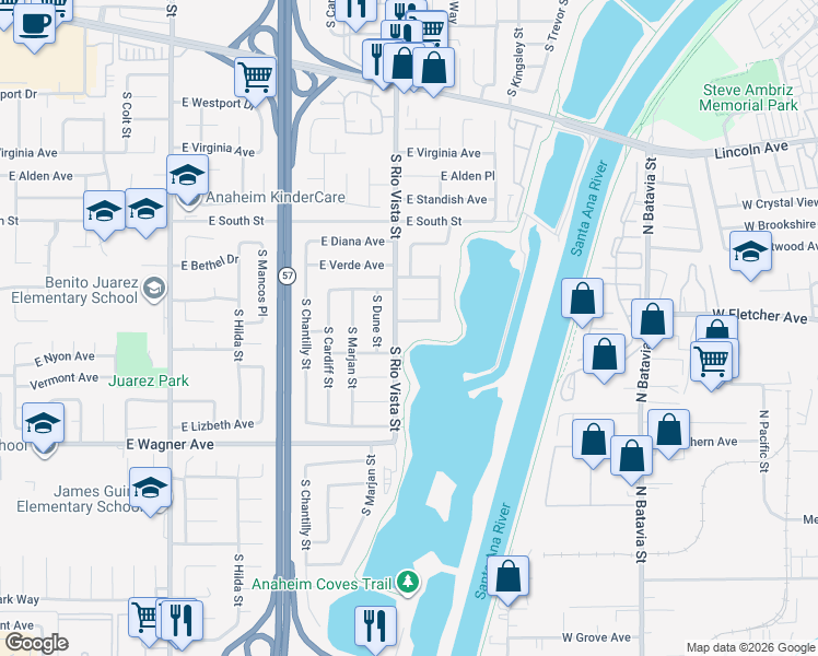 map of restaurants, bars, coffee shops, grocery stores, and more near 2810 East Burntwood Avenue in Anaheim