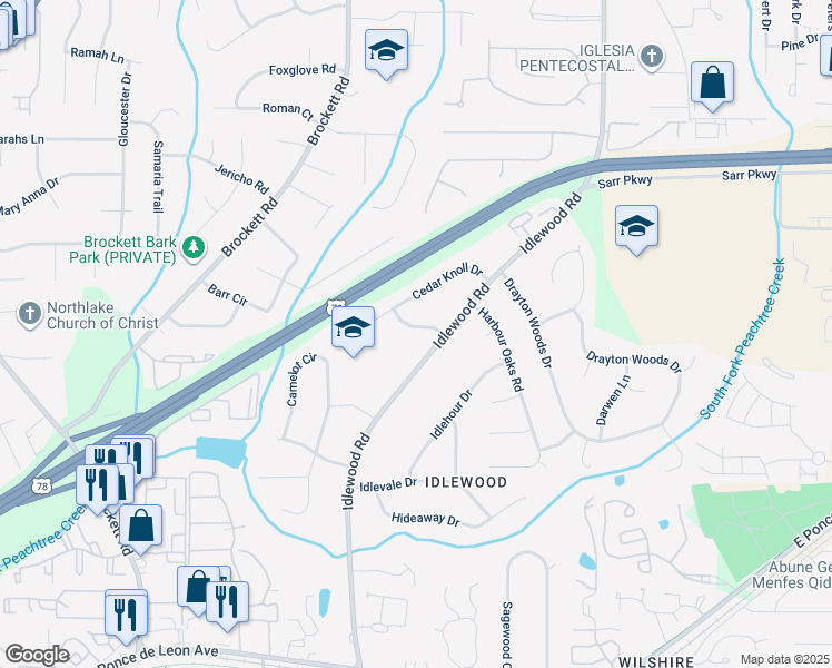 map of restaurants, bars, coffee shops, grocery stores, and more near 1614 Martha Jean Place in Tucker