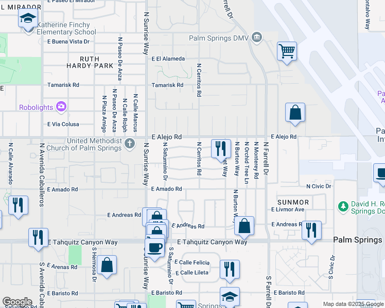 map of restaurants, bars, coffee shops, grocery stores, and more near 2014 East Park Drive in Palm Springs