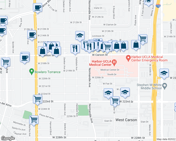 map of restaurants, bars, coffee shops, grocery stores, and more near West 219th Street in Torrance