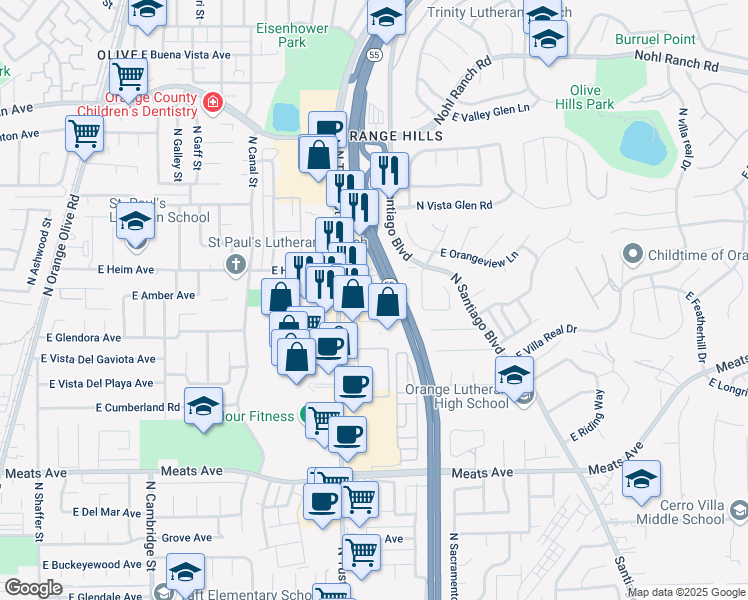 map of restaurants, bars, coffee shops, grocery stores, and more near 1800 East Heim Avenue in Orange