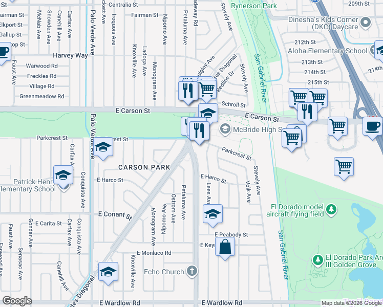 map of restaurants, bars, coffee shops, grocery stores, and more near in Long Beach