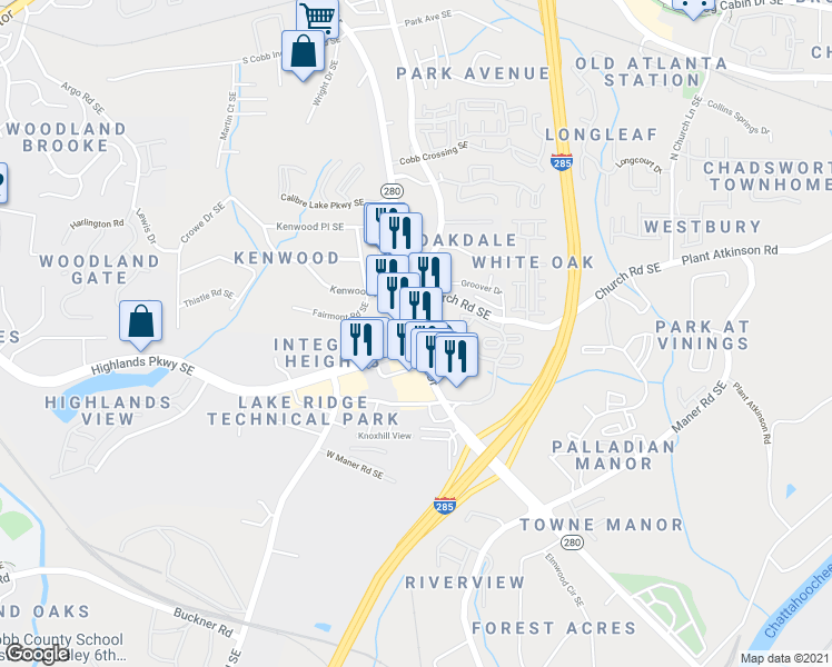 map of restaurants, bars, coffee shops, grocery stores, and more near 5120 South Cobb Dr SE in Smyrna