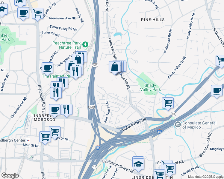 map of restaurants, bars, coffee shops, grocery stores, and more near 3304 Pine Heights Drive Northeast in Atlanta