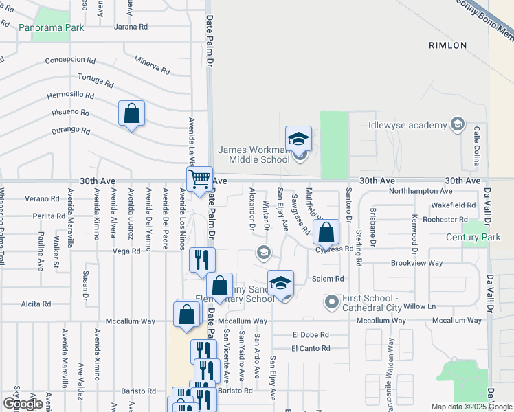 map of restaurants, bars, coffee shops, grocery stores, and more near 30122 Alexander Drive in Cathedral City