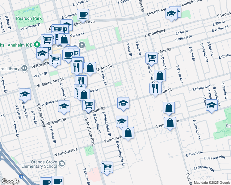 map of restaurants, bars, coffee shops, grocery stores, and more near 667 South Melrose Street in Anaheim