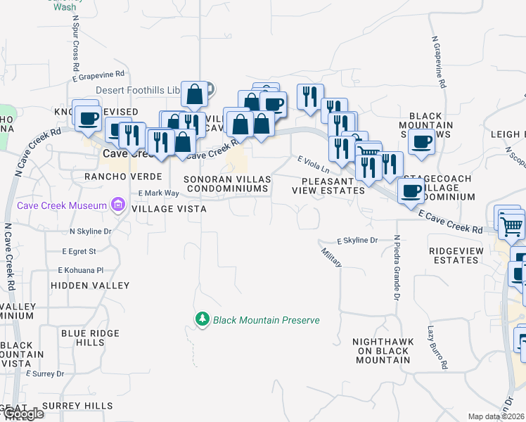 map of restaurants, bars, coffee shops, grocery stores, and more near 6575 East Military Road in Cave Creek