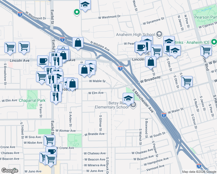 map of restaurants, bars, coffee shops, grocery stores, and more near 1501 West Broadway in Anaheim