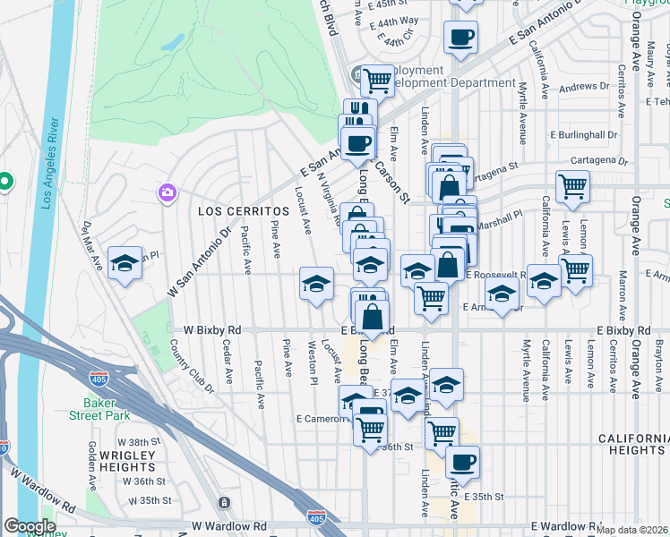 map of restaurants, bars, coffee shops, grocery stores, and more near 3920 Locust Avenue in Long Beach