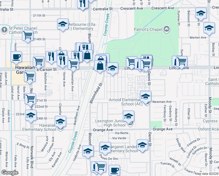 map of restaurants, bars, coffee shops, grocery stores, and more near 9080 Bloomfield Street in Cypress