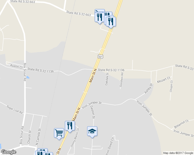 map of restaurants, bars, coffee shops, grocery stores, and more near 356 Main Street North in Gaston