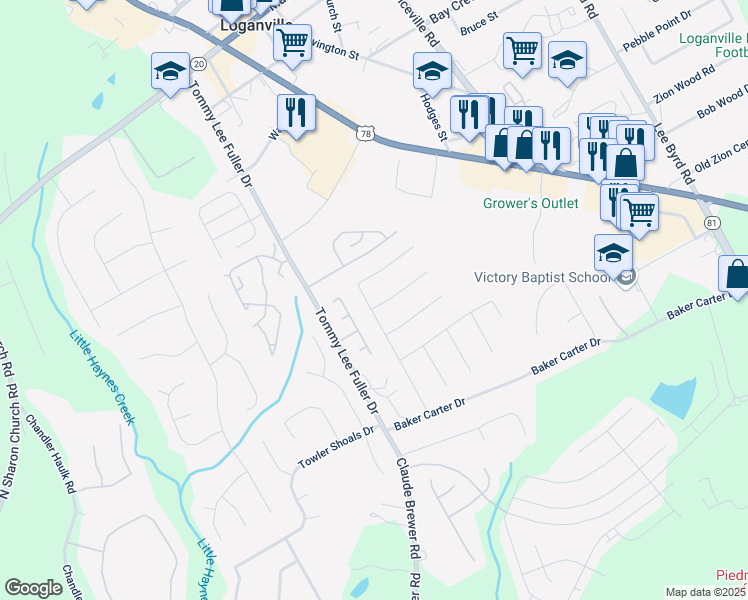 map of restaurants, bars, coffee shops, grocery stores, and more near 1226 Saint James Place in Loganville