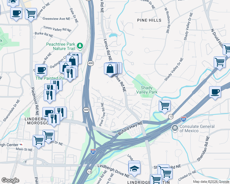 map of restaurants, bars, coffee shops, grocery stores, and more near 2716 Lenox Road Northeast in Atlanta