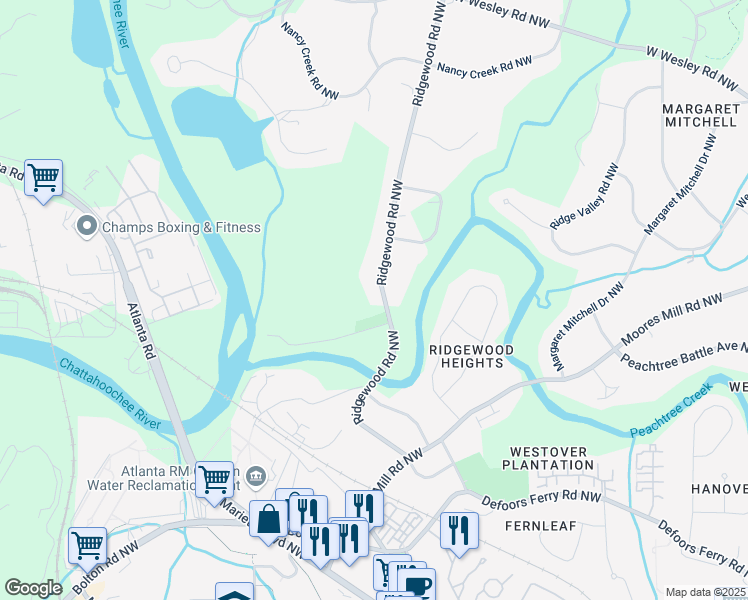map of restaurants, bars, coffee shops, grocery stores, and more near 2716 Ridgewood Road Northwest in Atlanta