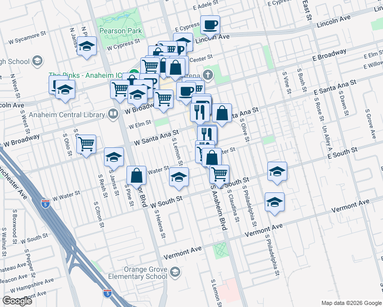 map of restaurants, bars, coffee shops, grocery stores, and more near 537 South Zeyn Street in Anaheim