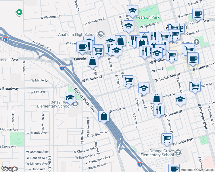 map of restaurants, bars, coffee shops, grocery stores, and more near 402 South Indiana Street in Anaheim