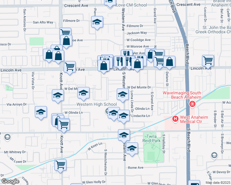 map of restaurants, bars, coffee shops, grocery stores, and more near 205 South Western Avenue in Anaheim