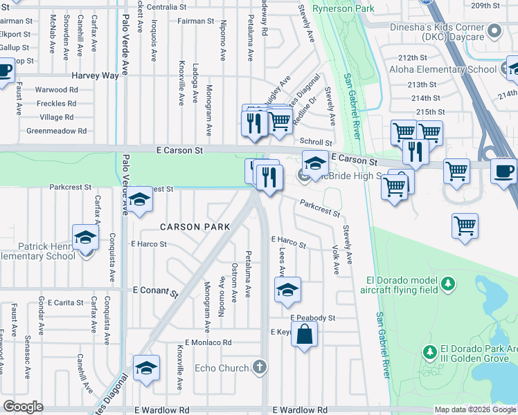 map of restaurants, bars, coffee shops, grocery stores, and more near in Long Beach