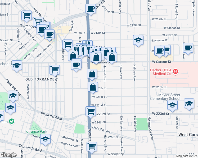 map of restaurants, bars, coffee shops, grocery stores, and more near 1645 West 219th Street in Torrance