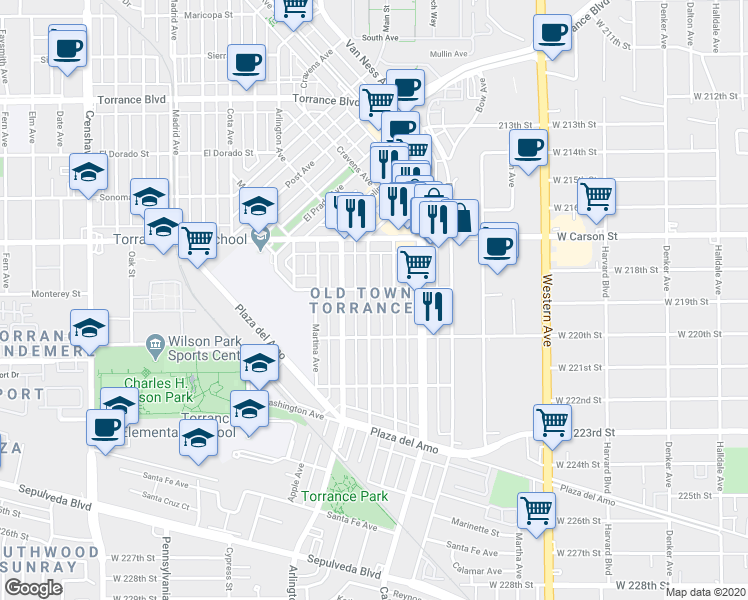 map of restaurants, bars, coffee shops, grocery stores, and more near in Torrance