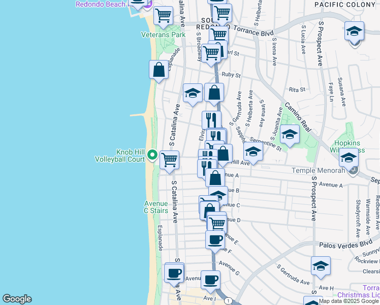 map of restaurants, bars, coffee shops, grocery stores, and more near 722 South Broadway in Redondo Beach