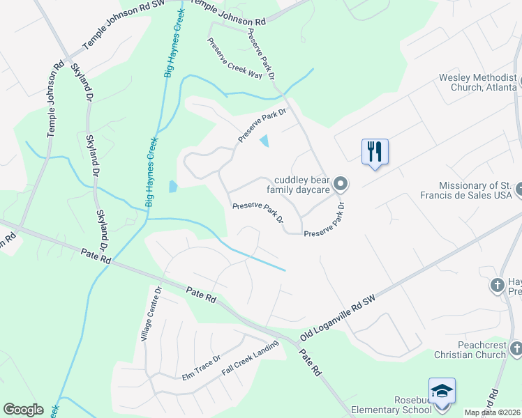 map of restaurants, bars, coffee shops, grocery stores, and more near 877 Preserve Park Drive in Loganville