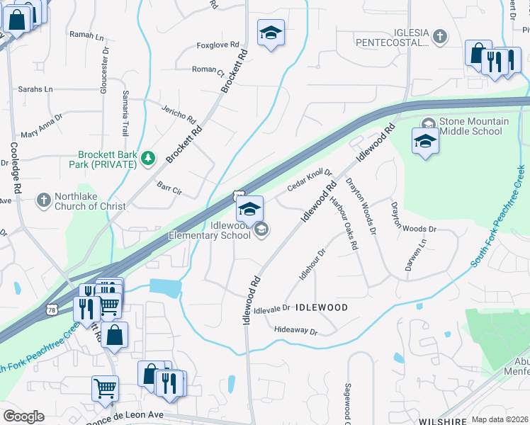 map of restaurants, bars, coffee shops, grocery stores, and more near 4065 Cedar Knoll Drive in Tucker