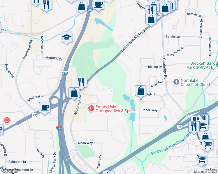 map of restaurants, bars, coffee shops, grocery stores, and more near 3518 Mount Blue Avenue in Tucker