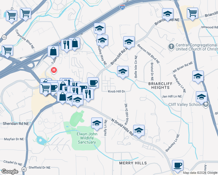 map of restaurants, bars, coffee shops, grocery stores, and more near 2629 Portbury Place Northeast in Atlanta
