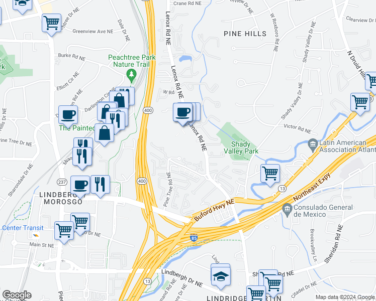map of restaurants, bars, coffee shops, grocery stores, and more near 2716 Lenox Road Northeast in Atlanta