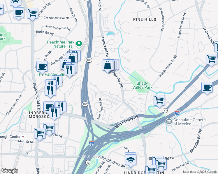 map of restaurants, bars, coffee shops, grocery stores, and more near 2108 Pine Heights Drive Northeast in Atlanta