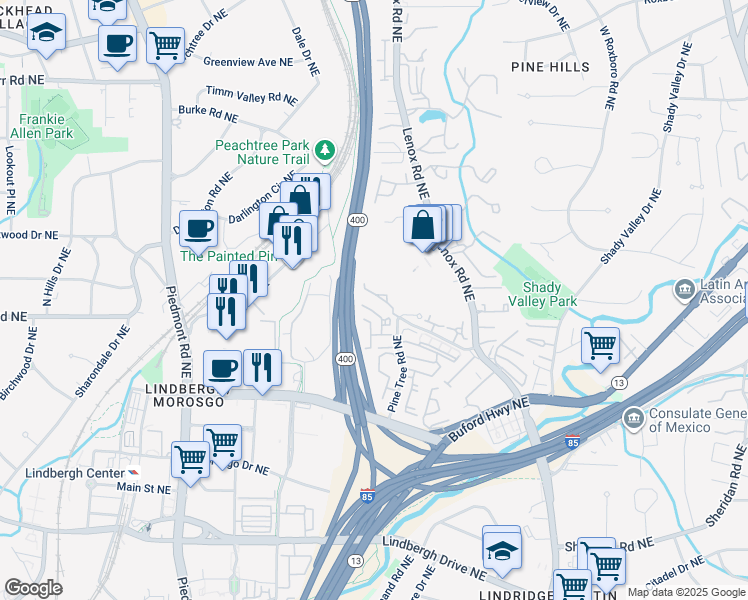 map of restaurants, bars, coffee shops, grocery stores, and more near 836 Canterbury Overlook in Atlanta