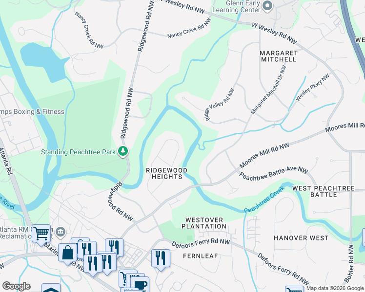 map of restaurants, bars, coffee shops, grocery stores, and more near 2784 Ridgemore Road Northwest in Atlanta