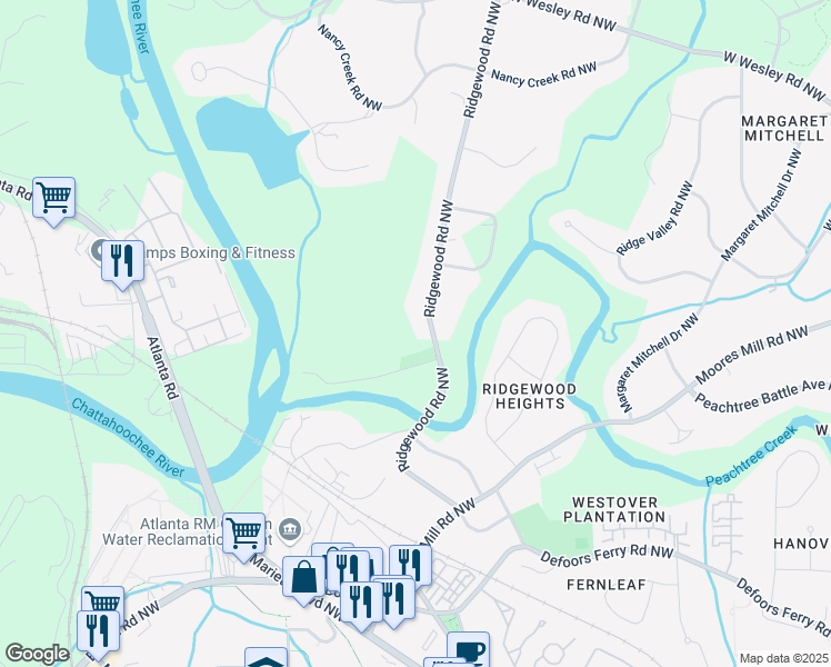 map of restaurants, bars, coffee shops, grocery stores, and more near 2716 Ridgewood Road Northwest in Atlanta