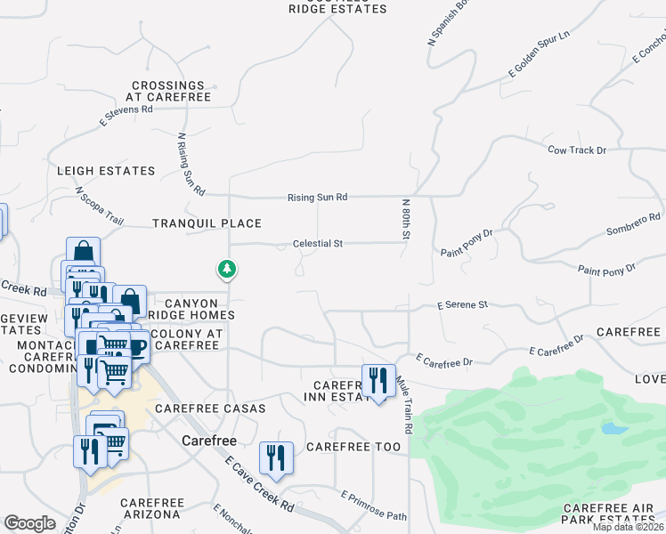 map of restaurants, bars, coffee shops, grocery stores, and more near 7785 Celestial Street in Carefree